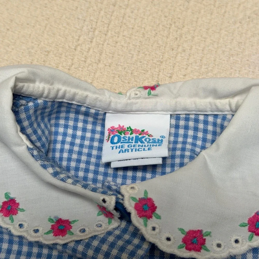 Vintage OshKosh‎ Bgosh Blue Gingham Dress Embroidered Floral Collar USA Girls 2T